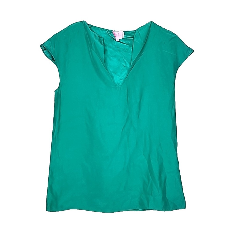 Parker Silk Blouse Green Cap Sleeve Split Neck Classic Preppy Basics Office S